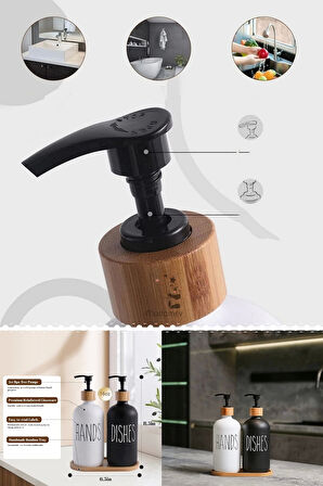 Hands Dishes 2’li Soft Beyaz Dekoratif Mutfak Banyo Sıvı Cam Sabunluk Seti 500ml Bambu Stantlı Set