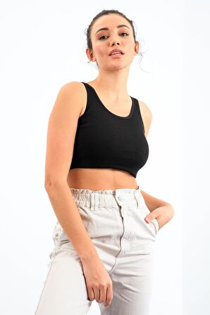Siyah Basic Sıfır Kol Dar Kalıp U Yaka Kadın Crop Top - 97160 | M