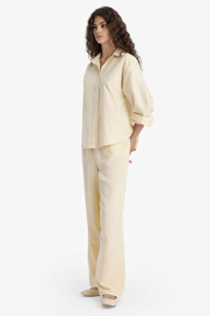 Wide Leg Cepli Yüksek Bel Standart Boy Keten Karışımlı Pantolon