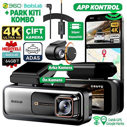360+ Botslab G980H Pro ADAS Ön Kamera Gerçek 4K UHD Arka 2K QHD 170° Geniş Açı Lens Gece Görüşü Dahili Gps Modülü Akıllı Araç İçi Kamera (64GB HAFIZA KARTI HEDİYELİ)+Park Modu Kiti Combo