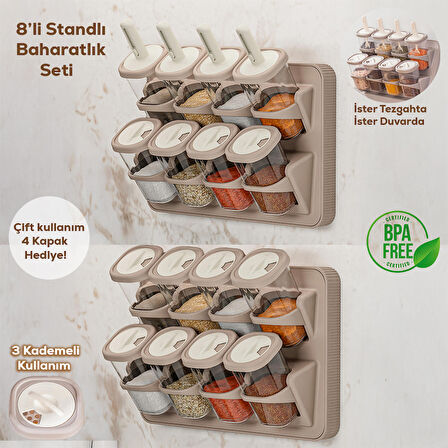 Porsima 1116 Standlı Kaydırmalı Kaşıklı 360° Döner Kapaklı Etiketli Baharatlık Seti - Erzak Saklama Kabı Cappuccino